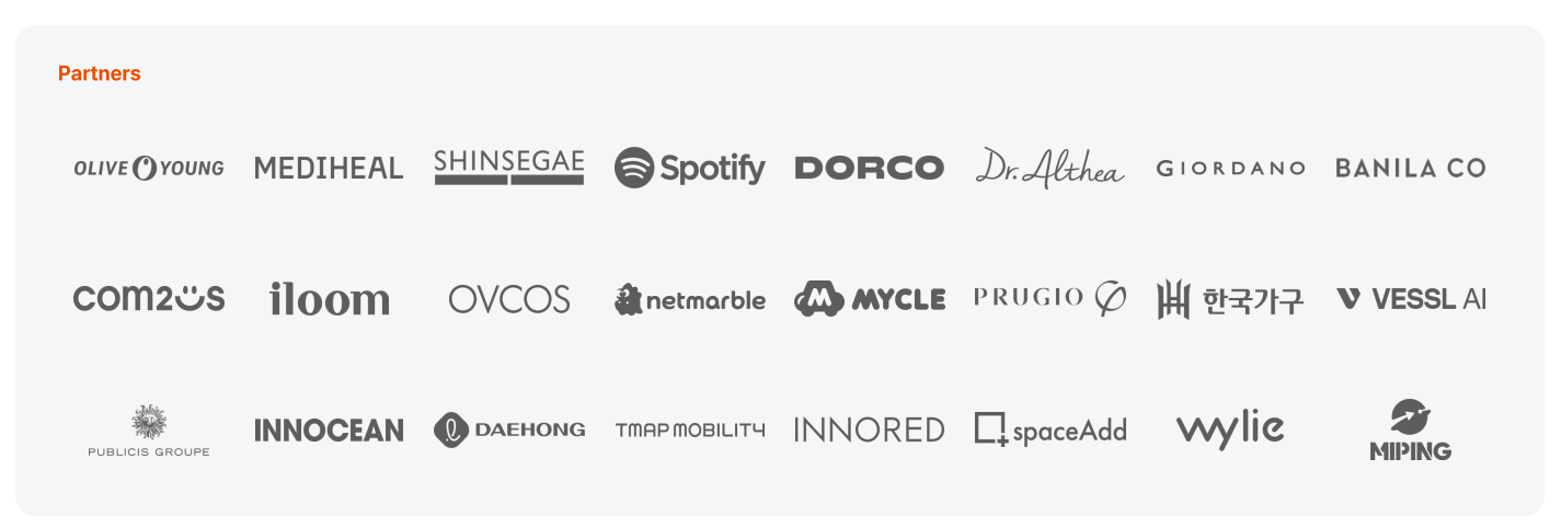 고객과 파트너: 올리브영, 메디힐, 신세계, Spotify, 도루코, 닥터엘시아, 지오다노, 바닐라코, 컴투스, 일룸, OVCOS, 넷마블, 마이클, 푸르지오, 한국가구, VESSL AI, 퍼블리시스 그룹, 이노션, 대홍기획, 티맵모빌리티, 이노레드, spaceAdd, 와일리, MIIPING